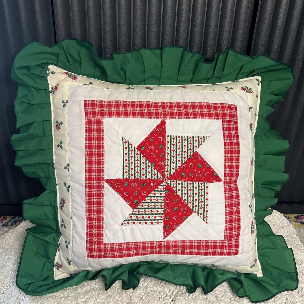 Vintage Christmas Pinwheel Quilt Pillow Red Green Ruffle Farmhouse Country
